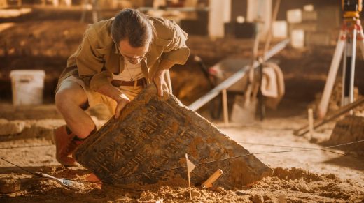 Archéologue Découvre Une Pierre Avec Des Symboles Sur Un Chantier De Fouilles