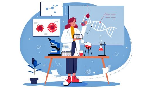 Illustration Biostatisticien Dans Son Laboratoire, Microscope Et Tubes à Essais