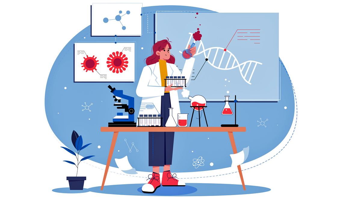 Illustration Biostatisticien Dans Son Laboratoire, Microscope Et Tubes à Essais